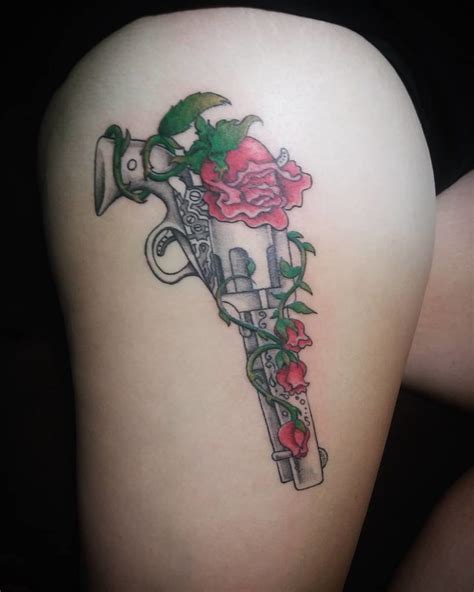 Gun With Roses Thigh Tattoo For Women Blurmark