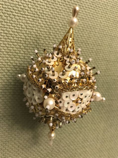 Vintage Beaded Sequined Christmas Ornament Gold White Bauble Ornate