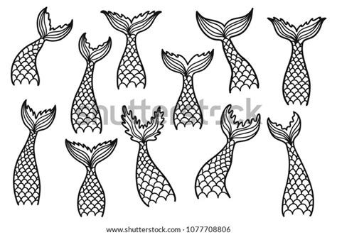Set Mermaid Tail Silhouettes Hand Drawn Stock Vector Royalty Free