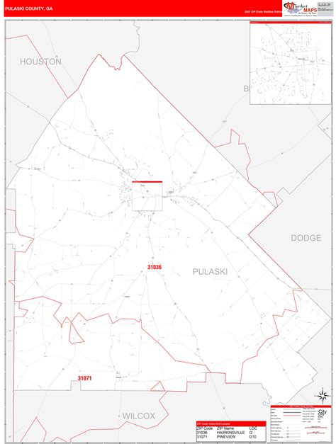 Pulaski County Ga Zip Code Wall Map Red Line Style By Marketmaps