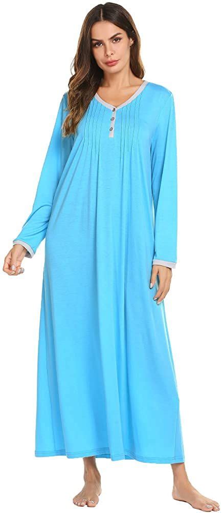Ekouaer Womens Cotton Knit Long Sleeve Nightgown For Women Henley Full Length Sleep Dress Blue