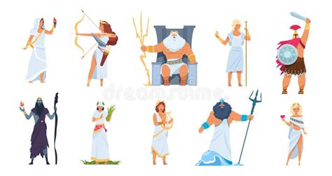 Pantheon Of Ancient Greek Gods Mythology Set Of Characters With Names Flat Vector