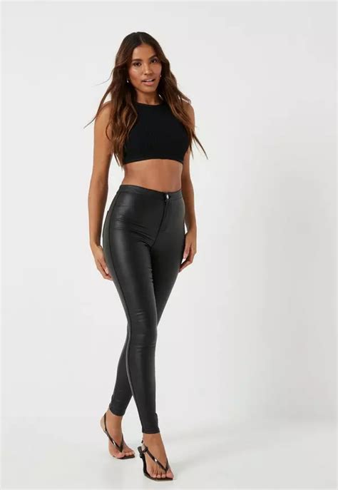 Missguided Tall Black Vice High Waisted Coated Skinny Jeans Leather Leggings Fashion
