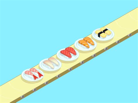 A Row Of Sushi Plates Sitting On Top Of A Yellow Countertop Next To A