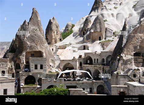 Goreme Town Cappadocia Turkey Hotel And Rock Formations Stock Photo