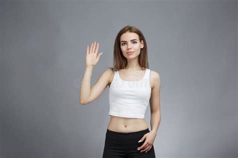 Woman Raised Her Hand Palm Up Like Waving Stock Image Image Of Cute
