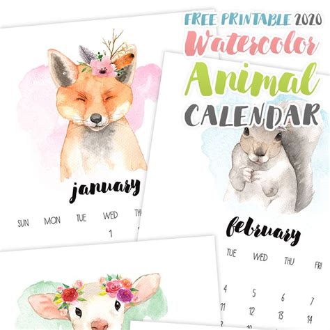 Free Printable 2020 Watercolor Animal Calendar Watercolor Animals