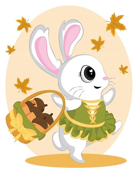 Dancing Rabbit In Autumn Brings Baskets With Walnuts Little Bunny With