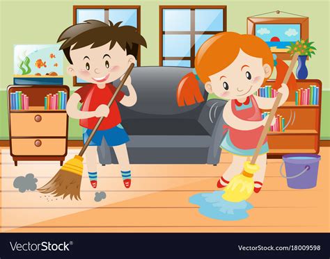Boy And Girl Doing Chores In The House Royalty Free Vector