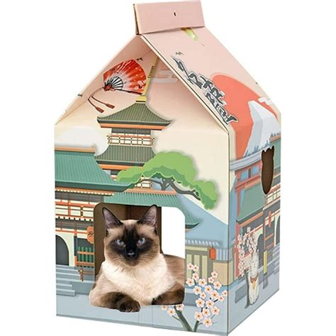 Cardboard Cat House With Scratcher Foldable Milk Box Playhouse