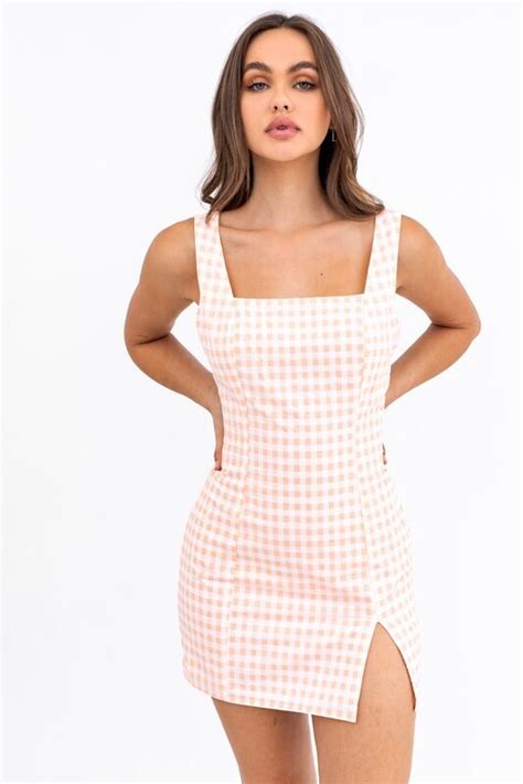 Peach Checkered Mini Dress