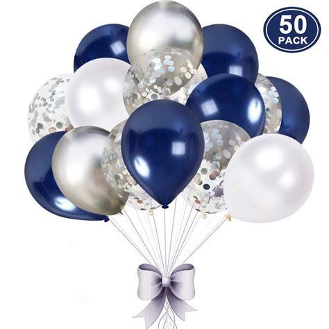 Balloons 50 Pcs Navy Blue And Silver Confetti Balloons 12 Inch White