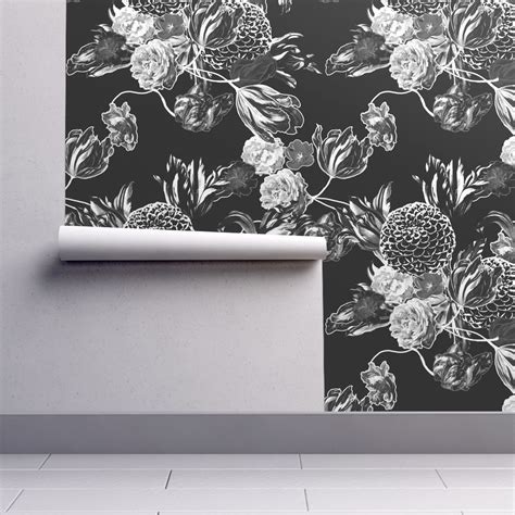 Mid Century Modern Floral ~ Black And White Wallpaper Peacoquettedesigns Spoonflower