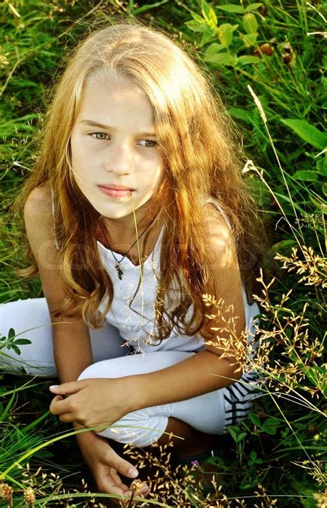 Eight Years Old Long Hair Girl Posing Outdoors Stock Image Colourbox