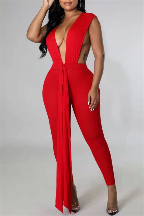 Red Fashion Sexy Solid Patchwork Backless V Neck Skinny Jumpsuitsjumpsuits Knowfashionstyle