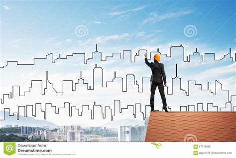 Man Architect Draw Silhouette Of Modern City On Blue Sky Mixed Media