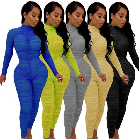omsj neon green color playsuit sexy skinny long sleeve jumppsuit womens turtleneck mesh sheer