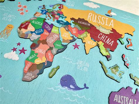 Kids Puzzle World Map Puzzle Educational Toy Wooden Etsy