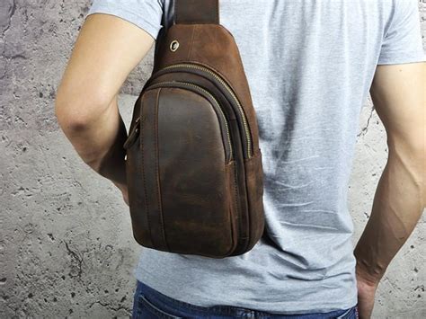 Cool Brown Mens Leather Chest Bags Sling Bag One Shoulder Backpack For