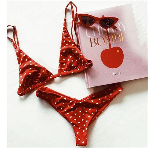 Sexy Heart Print Bikini Set 2018 Swimsuit Women Push Up Swimwear Thong Bathing Suit Red Bikinis