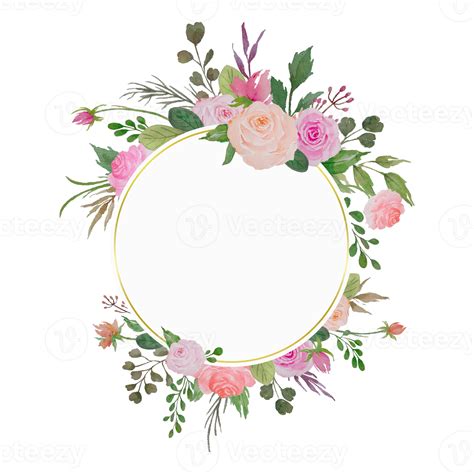 Watercolor Floral Border Circle Flowers Frame With Roses And Green