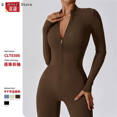 Zipper Nude Long Sleeved Yoga Jumpsuit High Strength Fitness Exercise