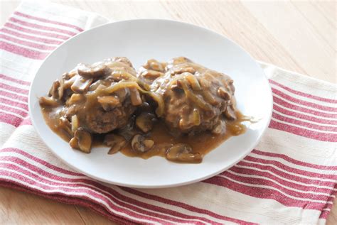 After the sauce thickens add the hamburger steaks back to the pan to reheat for a few minutes. Hamburger Steak with Mushroom Gravy