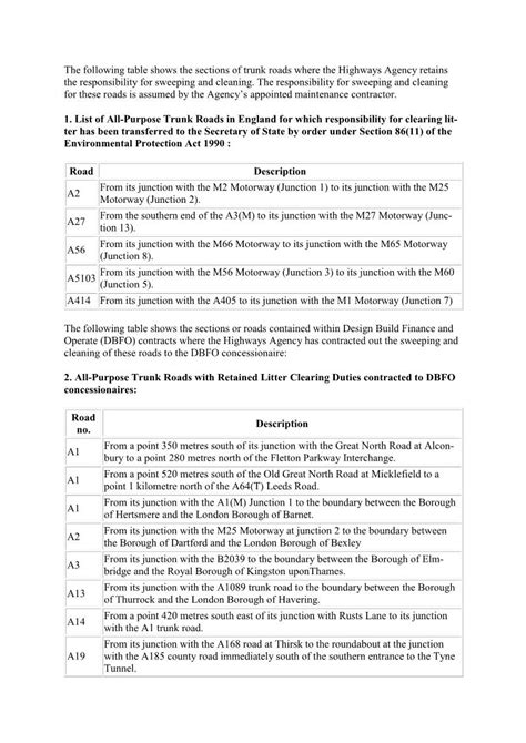 The Following Table Shows The Sections Of Trunk Roads Where The