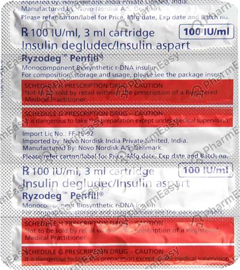 Ryzodeg Penfill 100iu Cartridge Of 3ml Solution For Injection Uses