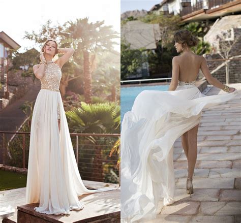 Sexy Backless Summer Beach Wedding Dresses 2018 Halter Beaded Crystal Chiffon Lace Side Split
