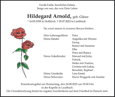 Traueranzeigen Von Hildegard Arnold Schwaebische De Trauerportal