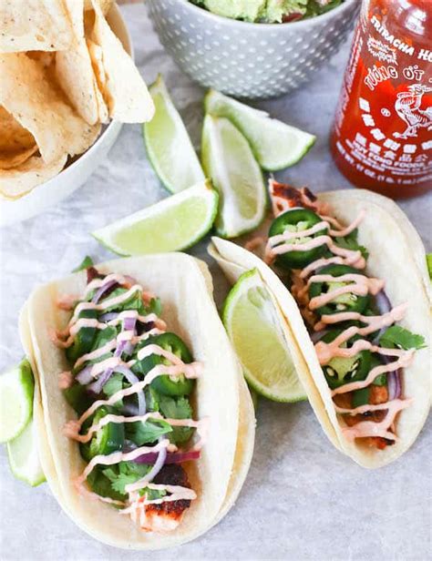 Easy, excellent fish tacos with the best fish taco sauce; Salmon Tacos with Sriracha Cream Sauce | greens & chocolate