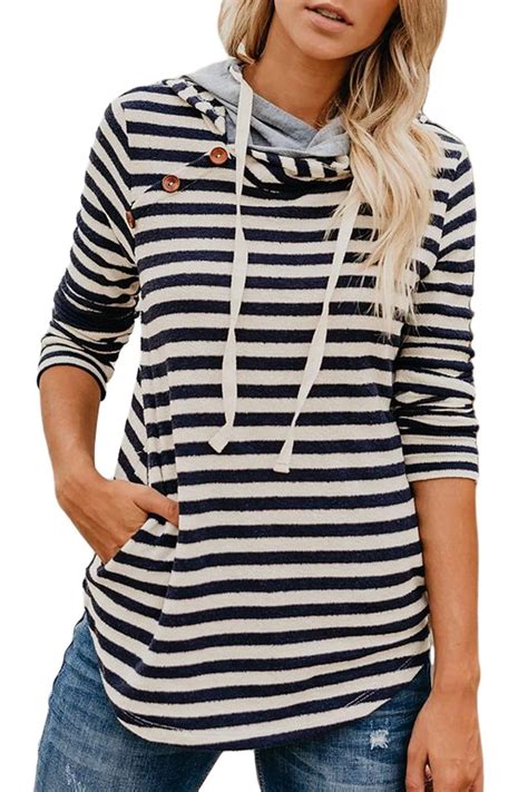 Spring Casual Women Double Hooded Striped Pullover Warm Hoody Tops With