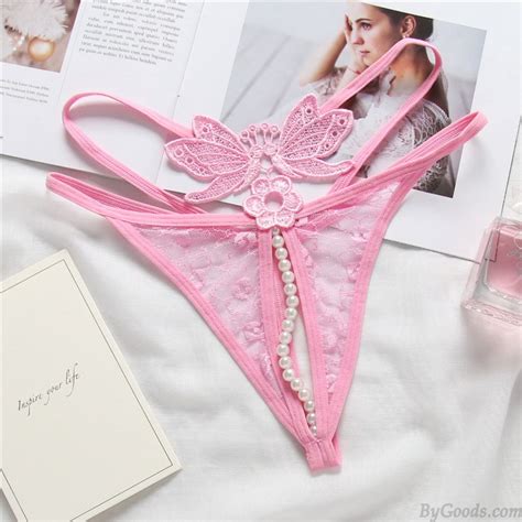 Sexy Butterfly Lace Pearl Crotchless Double Belts Underwear For Women Seamless G String Thongs