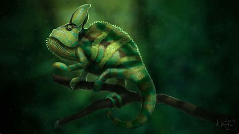 Download Wallpaper 2560x1440 Chameleon Lizard Green Branch Art