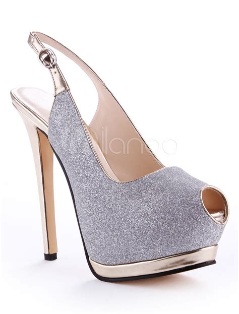 Chic Silver Synthetic Material Glitter Peep Toe High Heels