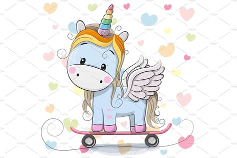 Cute Cartoon Blue Unicorn Animal Illustrations Creative Market