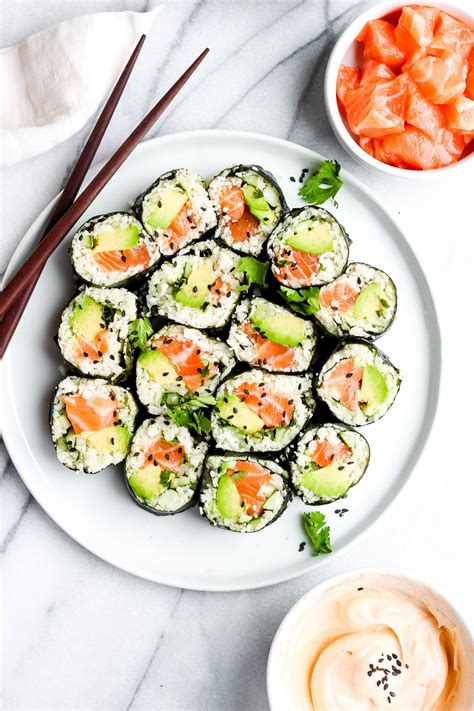 Spicy Salmon And Avocado Cauliflower Rice Sushi Roll The Wooden Skillet