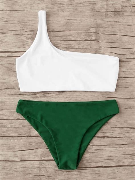 White One Shoulder Top Swimsuit With Low Rise Green Bikini Bottom