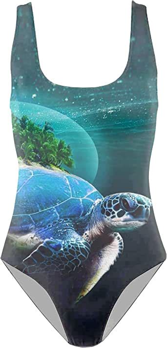 Women U Neck One Piece Swimsuit Floral Forest On Turtle Print Bathing