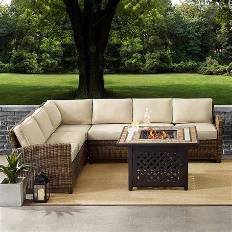 Crosley Bradenton 5 Piece Patio Fire Pit Sectional Set In Brown And