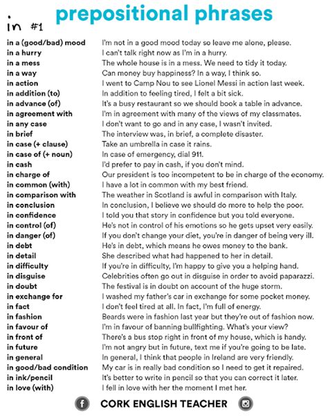A prepositional phrase contains a preposition at the beginning and conducts the function of an adjective, adverb or noun. Prepositional Phrases ( IN ) : Click on Image for Clear ...