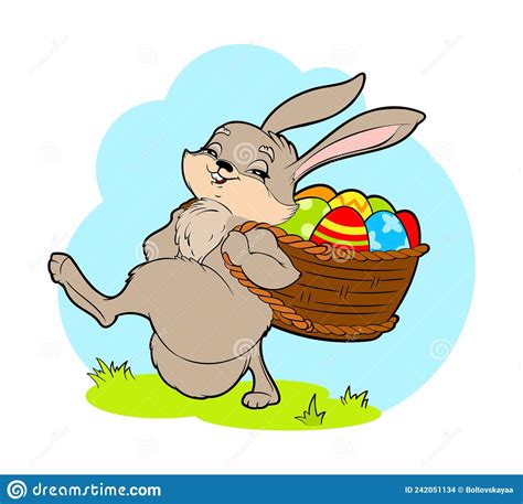 Cute Easter Bunny Carries Behind A Basket With Painted Easter Eggs