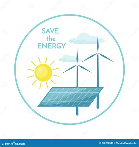 Poster With The Picture Of Solar Panels Sun Wind Turbines And Clouds