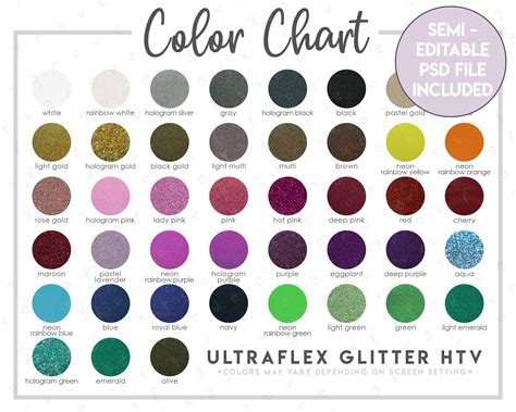 Ultraflex Glitter Htv Color Chart 43 Colors Semi Editable Etsy