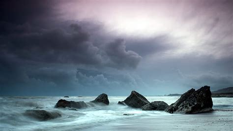 Awesome Stormy Beach Beach Rocks Waves Clouds Storm Sea Hd
