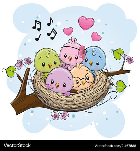 Cartoon Birds In A Nest On A Branch Royalty Free Vector