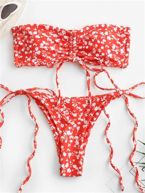 zaful multiway ditsy print cinched string bikini swimwear in red zaful europe 2023