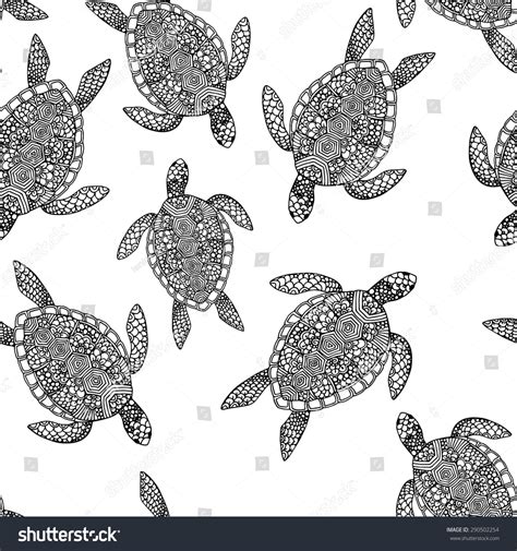 Decorative Doodle Turtle Seamless Monochrome Vector Pattern