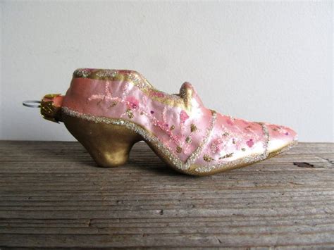Vintage Glass Shoe Ornament Pink Gold Glitter New Old Stock Etsy Shoe Ornaments Glass Shoes